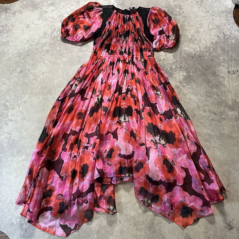 Bibhu Mohapatra Collective Dress Womens 12 Multi Pleated Floral Hi‎ Low Hemline
